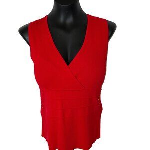 Women's L Sweater Tank Evie Red Ribbed Raised Banded Gold Button Waist Accent
